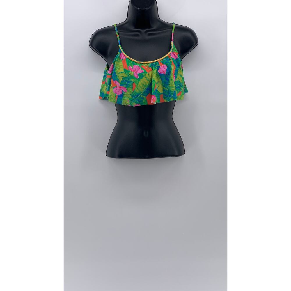 FARM Women's Floral Ruffle Spaghetti Strap Scoop Neck Bikini Top SZ M
